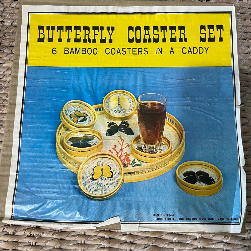 70's Pressed Butterfly Wicker Coaster Set of 7 W/tray Boho Taxidermy 4" Vintage